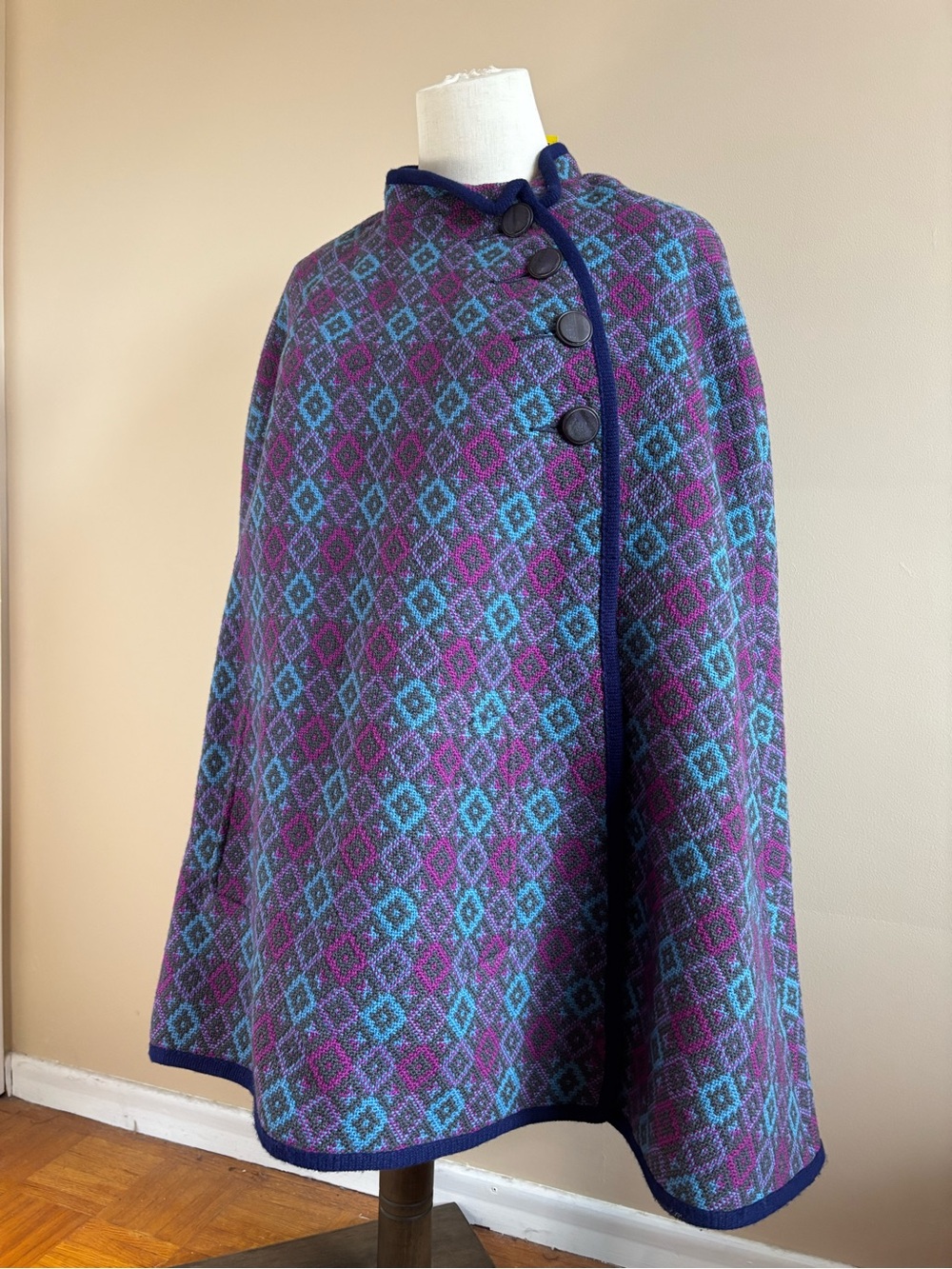 Vintage Real Welsh Tapestry βEclipseβ Cape Pure New Wool Purple Blue Geometric